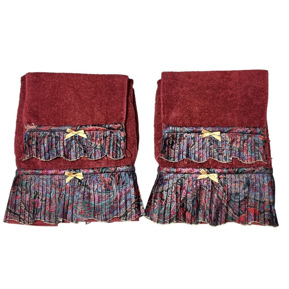Martex Vtg Towel Set Pleated Paisley Burgundy Bath Hand Floral Cottage‎ 80s 90s